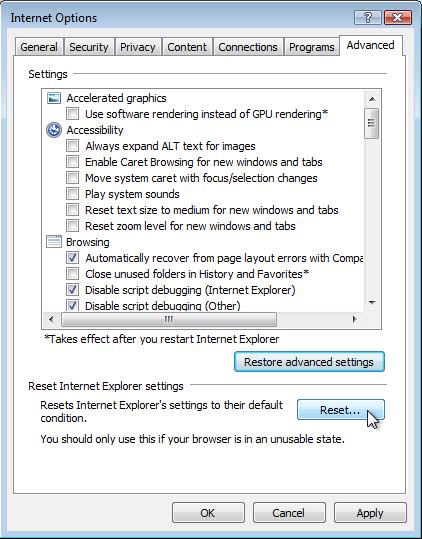 Reset internet explorer settings