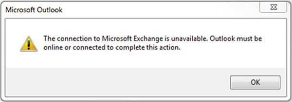 The connection to Microsoft Exchange is unavailable, Outlook must be online or connected