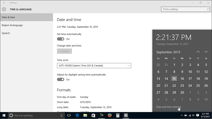 Windows time and date settings
