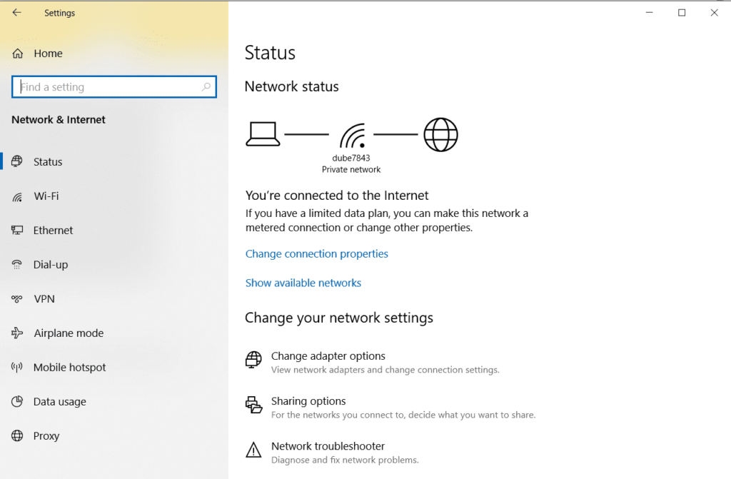 network and internet settings windows 10