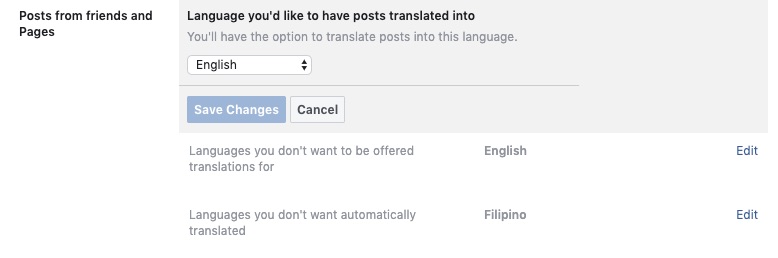Disable Post Translations via Facebook Language Settings