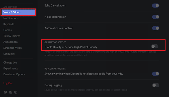 Enable Quality of Service High Packet Priority Discord