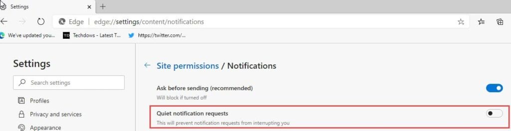 Enable Microsoft Edge Quiet Notification Requests