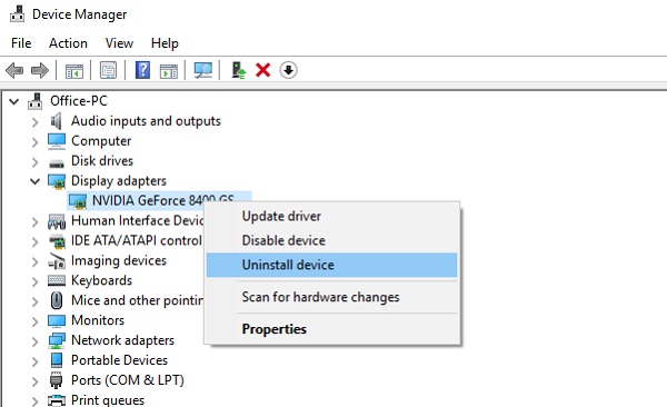 uninstall or update display driver windows 10