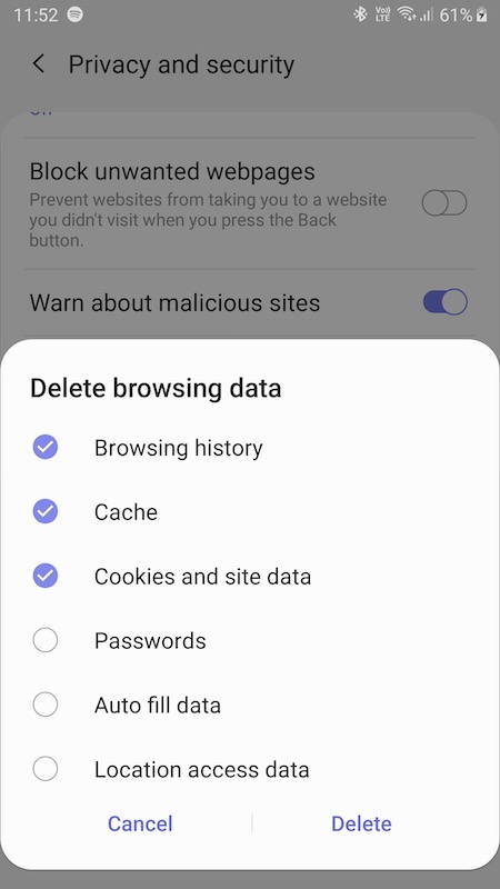 Clear Cache and Data on Samsung Internet App on Galaxy Devices