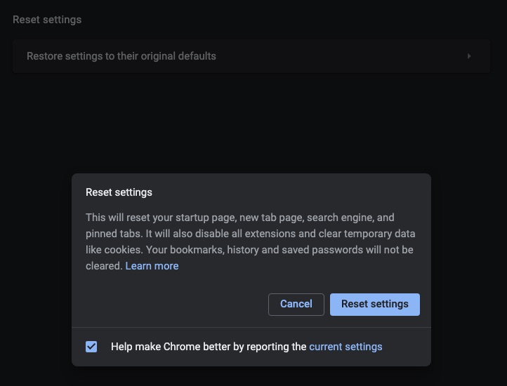 Reset Google Chrome browser settings