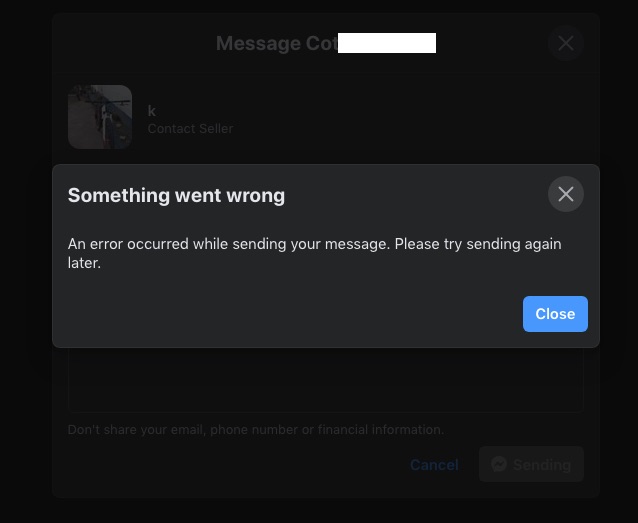 Facebook Messenger Error Something went wrong An error occurred while sending you message. Please try sending again later
