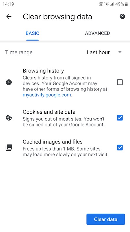 Clear browsing data on Google Chrome for Mobile
