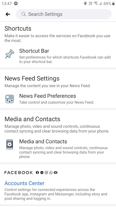 Media and Contacts Settings on Facebook App