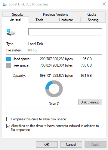 Windows 10 Partition Drive Properties Settings
