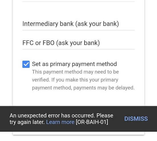 Fix Google Adsense Error Or Baih 01 Can T Add Payment Option