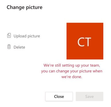 Fix We're still setting up your team, you can change your picture when we're done Problem in Microsoft Teams profile