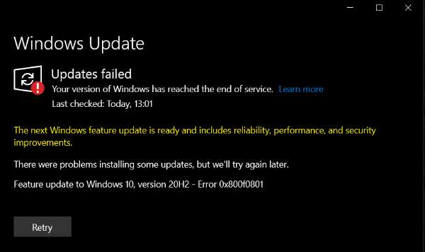 Feature update to Windows 10 version 20H2 Error 0x800f0801