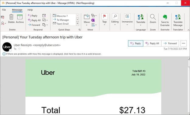 Fix Microsoft Outlook Crashing Opening Uber Receipt Emails